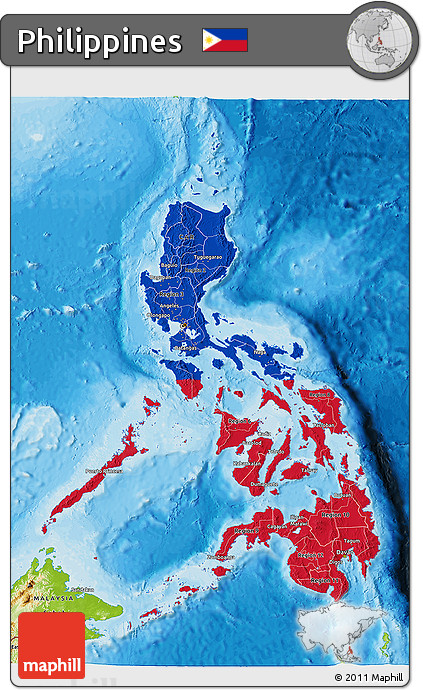 Flag 3D Map of Philippines, physical outside, bathymetry sea, flag centered