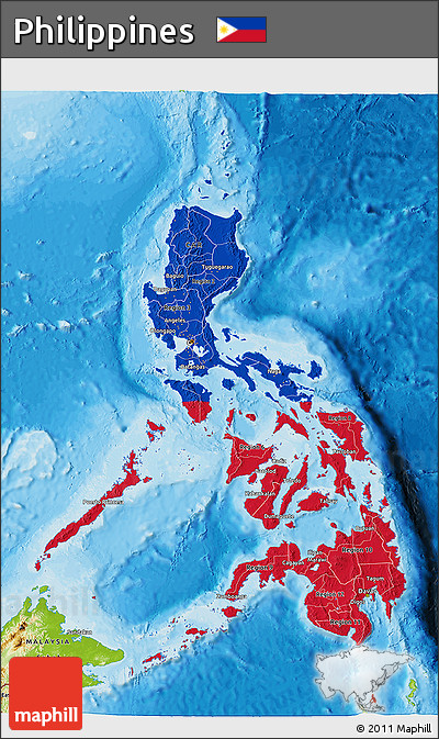Flag 3D Map of Philippines, physical outside, bathymetry sea, flag centered