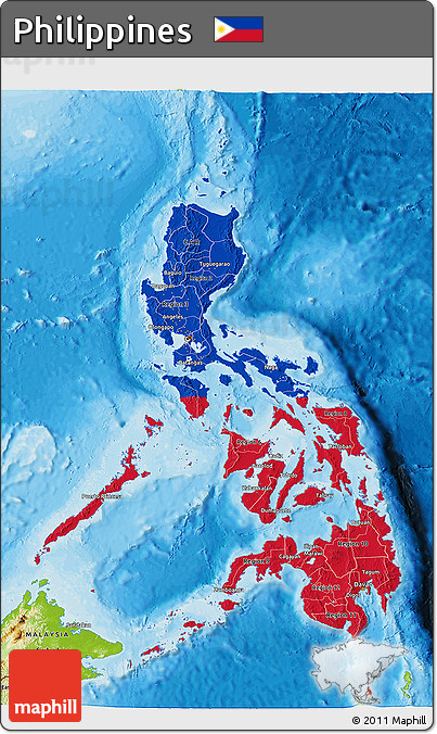 Flag 3D Map of Philippines, physical outside, bathymetry sea, flag centered