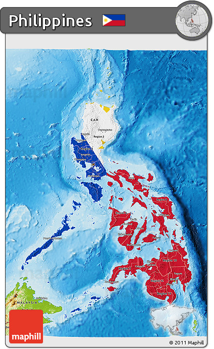 Flag 3D Map of Philippines, physical outside, flag aligned to the middle
