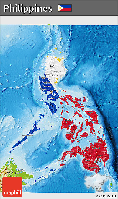 Flag 3D Map of Philippines, physical outside, flag aligned to the middle