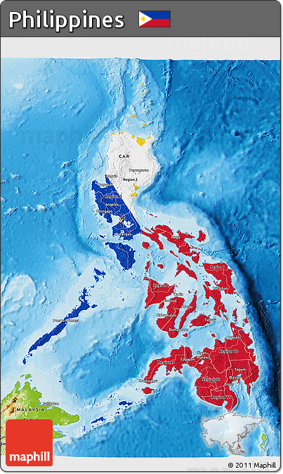 Flag 3D Map of Philippines, physical outside, flag aligned to the middle