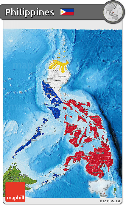 Flag 3D Map of Philippines, satellite outside, bathymetry sea, flag rotated