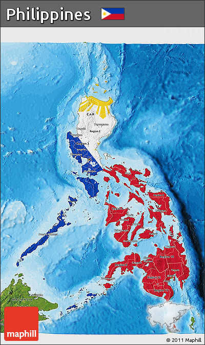 Flag 3D Map of Philippines, satellite outside, bathymetry sea, flag rotated