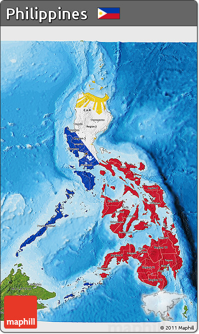 Flag 3D Map of Philippines, satellite outside, bathymetry sea, flag rotated