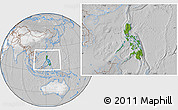 Satellite Location Map of Philippines, lighten, desaturated