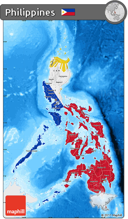 Flag Map of Philippines, single color outside, bathymetry sea, flag rotated
