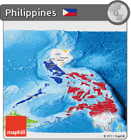 Flag Panoramic Map of Philippines, physical outside, bathymetry sea, flag aligned to the middle