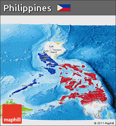 Flag Panoramic Map of Philippines, physical outside, bathymetry sea, flag aligned to the middle