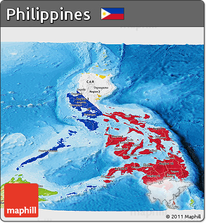 Flag Panoramic Map of Philippines, physical outside, bathymetry sea, flag aligned to the middle