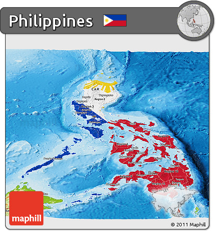 Flag Panoramic Map of Philippines, physical outside, flag rotated