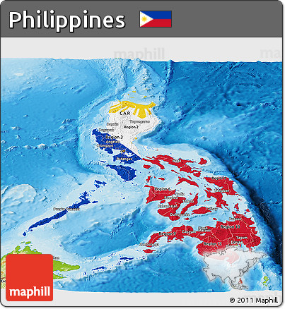 Flag Panoramic Map of Philippines, physical outside, flag rotated