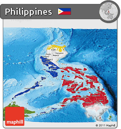 Flag Panoramic Map of Philippines, satellite outside, bathymetry sea, flag rotated