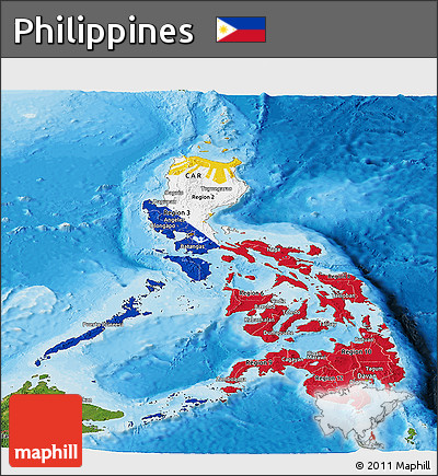 Flag Panoramic Map of Philippines, satellite outside, bathymetry sea, flag rotated