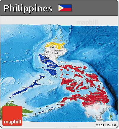 Flag Panoramic Map of Philippines, satellite outside, bathymetry sea, flag rotated