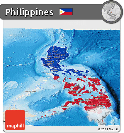 Flag Panoramic Map of Philippines, shaded relief outside, bathymetry sea