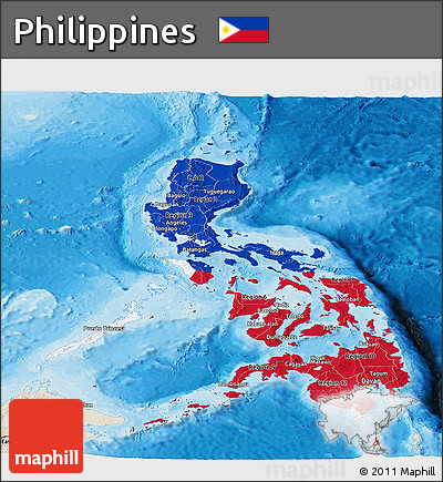 Flag Panoramic Map of Philippines, shaded relief outside, bathymetry sea