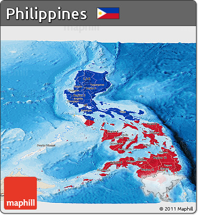 Flag Panoramic Map of Philippines, shaded relief outside, bathymetry sea