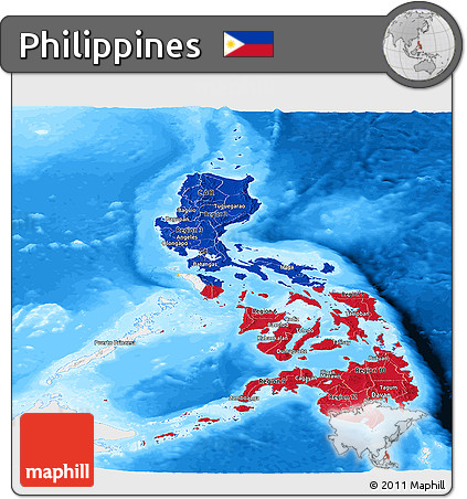 Flag Panoramic Map of Philippines, single color outside, bathymetry sea