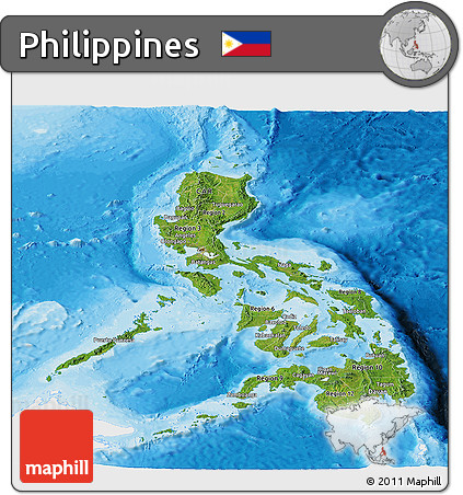 Satellite Panoramic Map of Philippines, single color outside, bathymetry sea, shaded relief sea