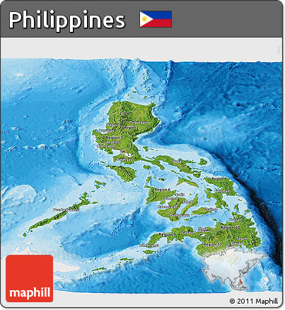 Satellite Panoramic Map of Philippines, single color outside, bathymetry sea, shaded relief sea