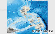Shaded Relief Panoramic Map of Philippines, darken, semi-desaturated, land only