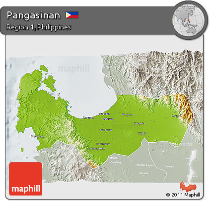 Physical 3D Map of Pangasinan, lighten, semi-desaturated