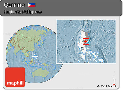 Savanna Style Location Map of Quirino, highlighted country, highlighted parent region, hill shading