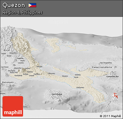 Shaded Relief Panoramic Map of Quezon, desaturated