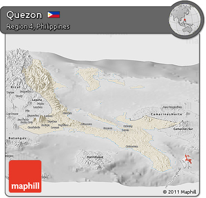 Shaded Relief Panoramic Map of Quezon, desaturated
