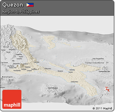 Shaded Relief Panoramic Map of Quezon, desaturated