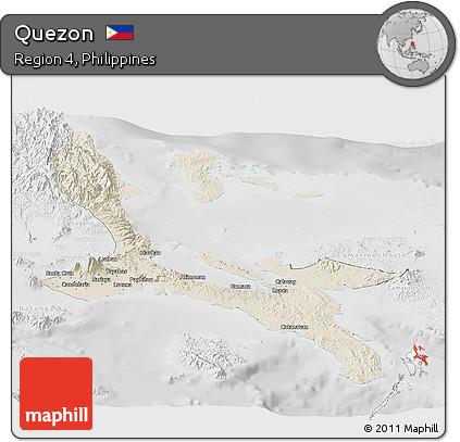 Shaded Relief Panoramic Map of Quezon, lighten, desaturated