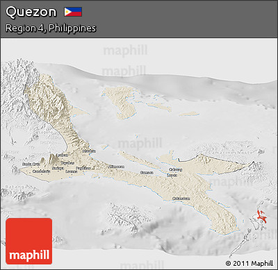Shaded Relief Panoramic Map of Quezon, lighten, desaturated