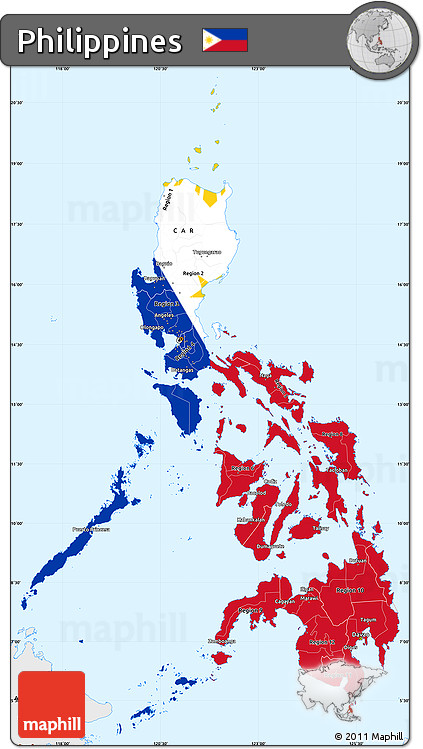 Flag Simple Map of Philippines, single color outside, borders and labels, flag aligned to the middle