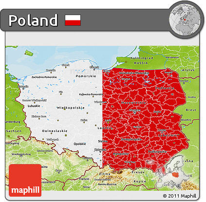 Flag 3D Map of Poland, physical outside, bathymetry sea, flag aligned to the middle
