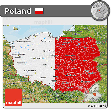 Flag 3D Map of Poland, satellite outside, bathymetry sea, flag aligned to the middle