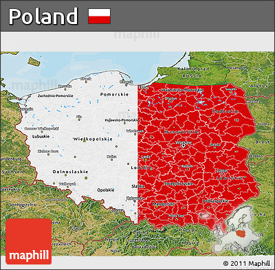 Flag 3D Map of Poland, satellite outside, bathymetry sea, flag aligned to the middle