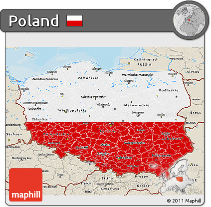Flag 3D Map of Poland, shaded relief outside, bathymetry sea