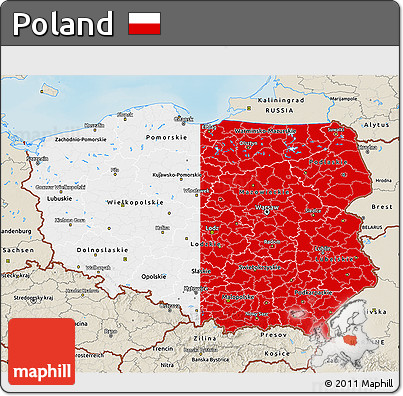 Flag 3D Map of Poland, shaded relief outside, flag rotated
