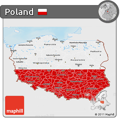 Flag 3D Map of Poland, single color outside, shaded relief sea