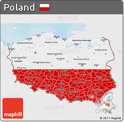 Flag 3D Map of Poland, single color outside, shaded relief sea