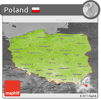 Physical 3D Map of Poland, darken, desaturated