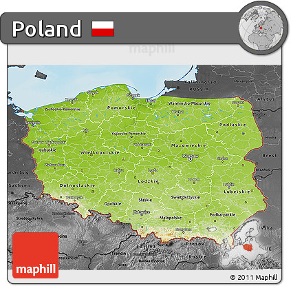 Physical 3D Map of Poland, darken, desaturated, land only