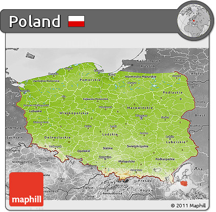 Physical 3D Map of Poland, desaturated