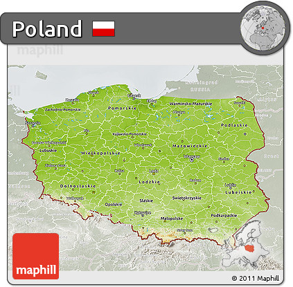 Physical 3D Map of Poland, lighten, semi-desaturated