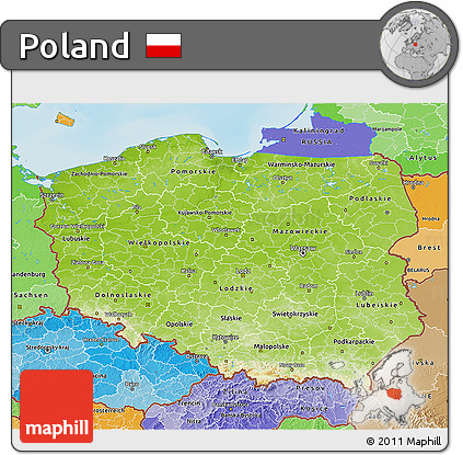 Physical 3D Map of Poland, political shades outside, shaded relief sea