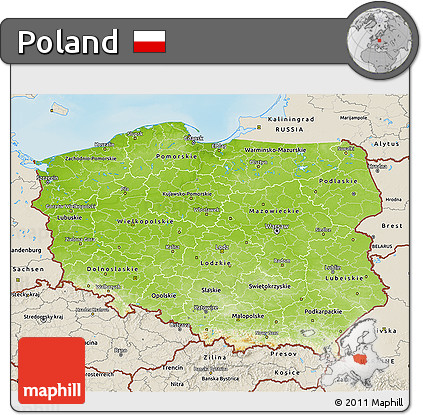 Physical 3D Map of Poland, shaded relief outside