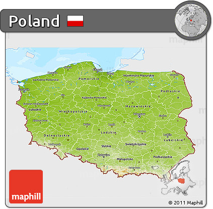 Physical 3D Map of Poland, single color outside, bathymetry sea