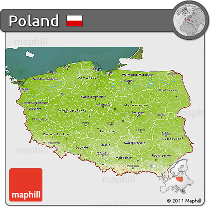 Physical 3D Map of Poland, single color outside, satellite sea