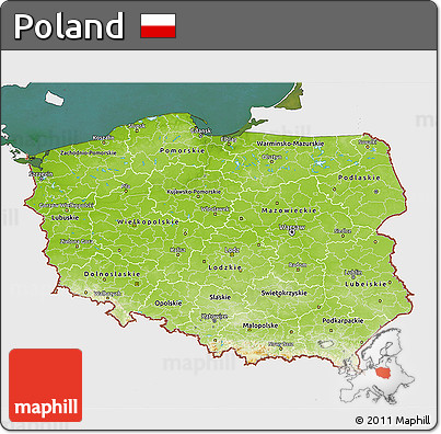 Physical 3D Map of Poland, single color outside, satellite sea